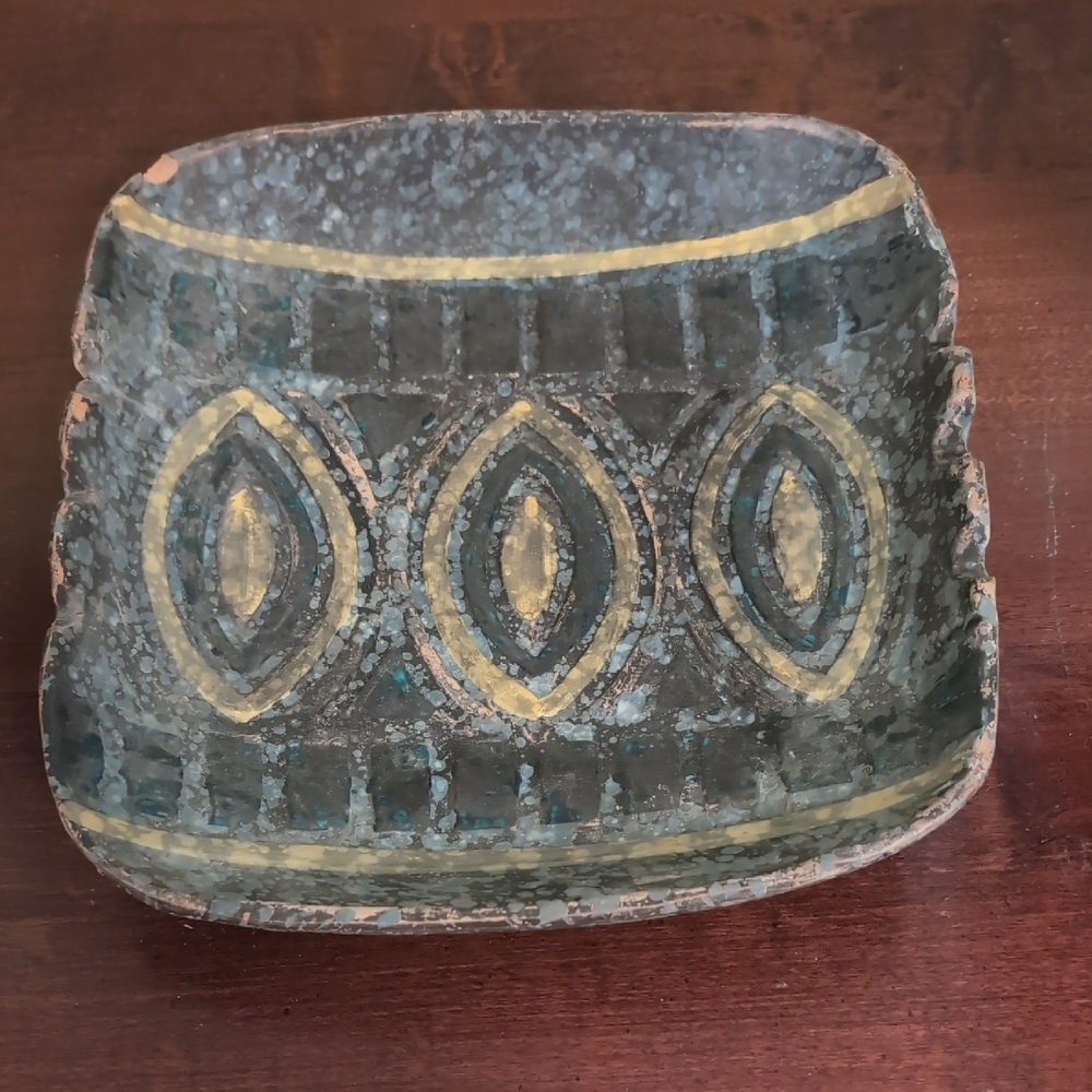 Vintage Italian Crude Lava Ashtray Blue And Yellow Stamped Italy Pottery